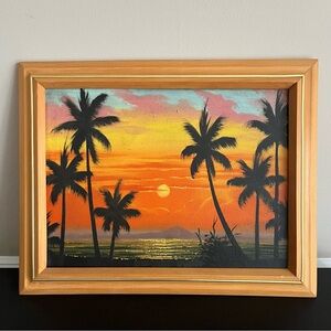 Vintage Filipino Canvas Art Philippines Painting Tropical Sunset Palm Trees 1990